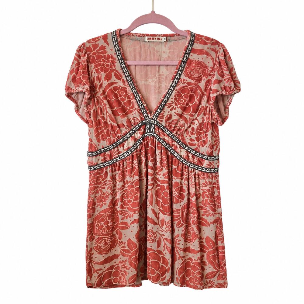 JOHNNY WAS Velvet Burnout Floral Babydoll Tunic Top V Neck Boho Silk Rayon Sz M